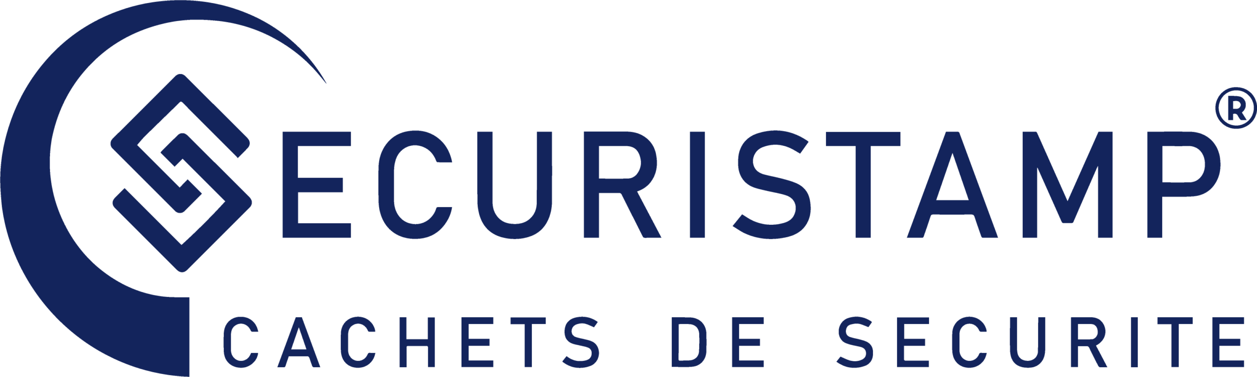 Logo officiel SecuriStamp : un grand « S » stylisé dans un cercle bleu marine accompagné du texte « SECURISTAMP® » et « CACHETS DE SÉCURITÉ » en lettres capitales.